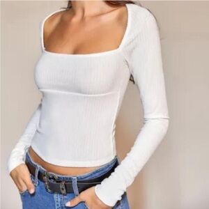 Urban Outfitters White Ribbed Long Sleeve Top